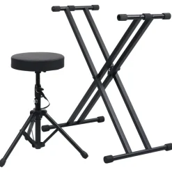 vidaXL Kit de support de clavier à empattement double et tabouret Noir