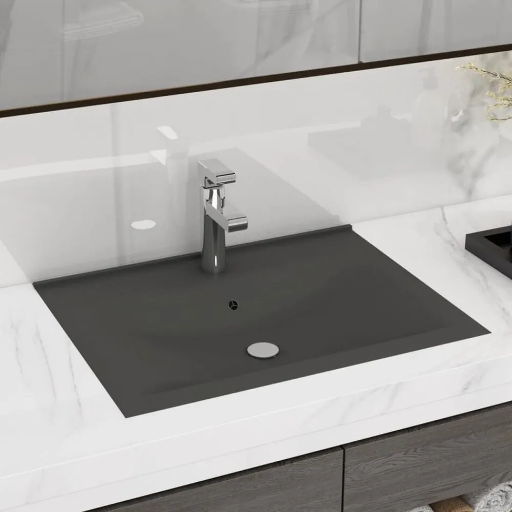 Plomberie-vidaXL Lavabo avec trou de robinet 60x46 cm Céramique gris foncé mat