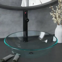 vidaXL Lavabo de bain avec robinet et drain à poussoir Verre trempé