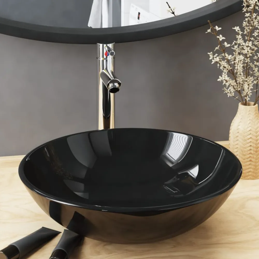 vidaXL Lavabo de bain avec robinet et drain à poussoir Verre trempé