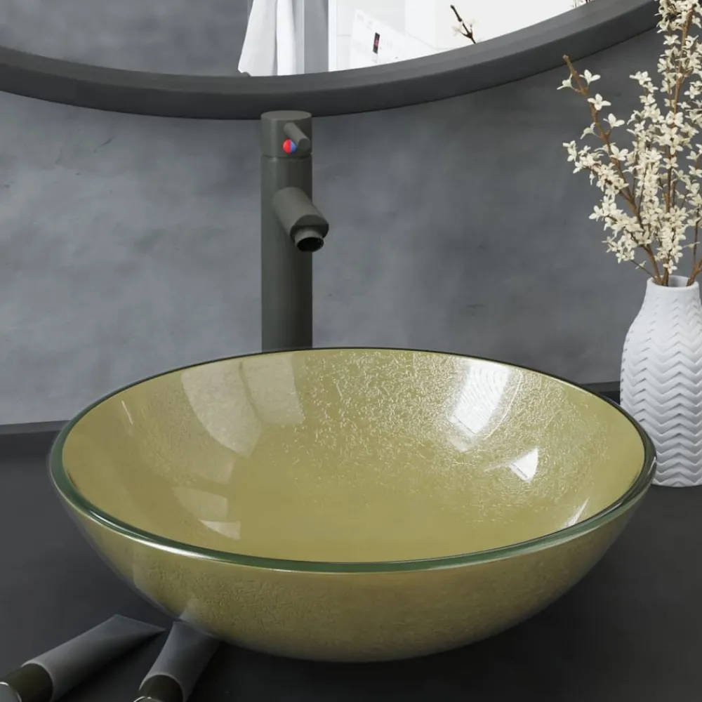 vidaXL Lavabo de bain avec robinet et drain à poussoir Verre trempé