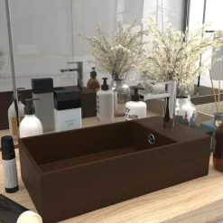 Plomberie-vidaXL Lavabo de salle de bain avec trop-plein Céramique Marron foncé