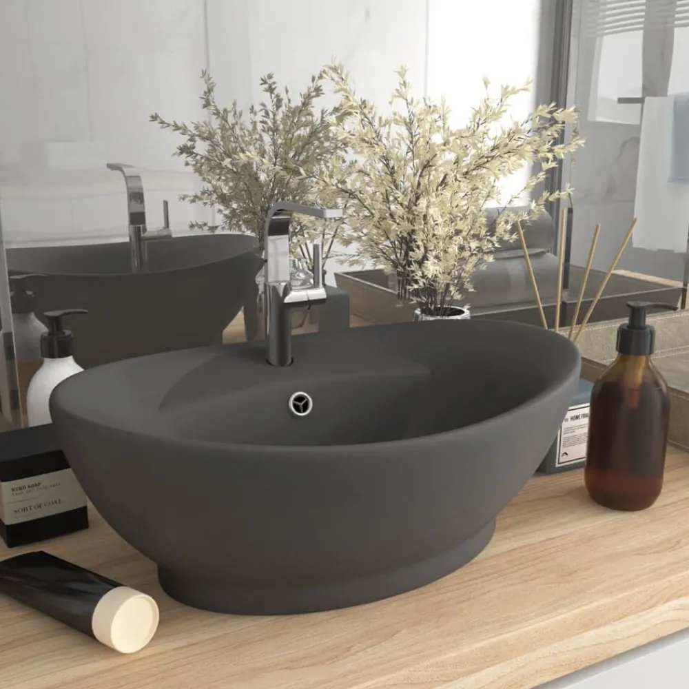Plomberie-vidaXL Lavabo ovale à trop-plein 58,5x39 cm Céramique gris foncé mat
