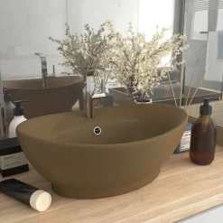 Plomberie-vidaXL Lavabo ovale de luxe à trop-plein Crème mat 58,5x39cm Céramique cr&egrave;me mat