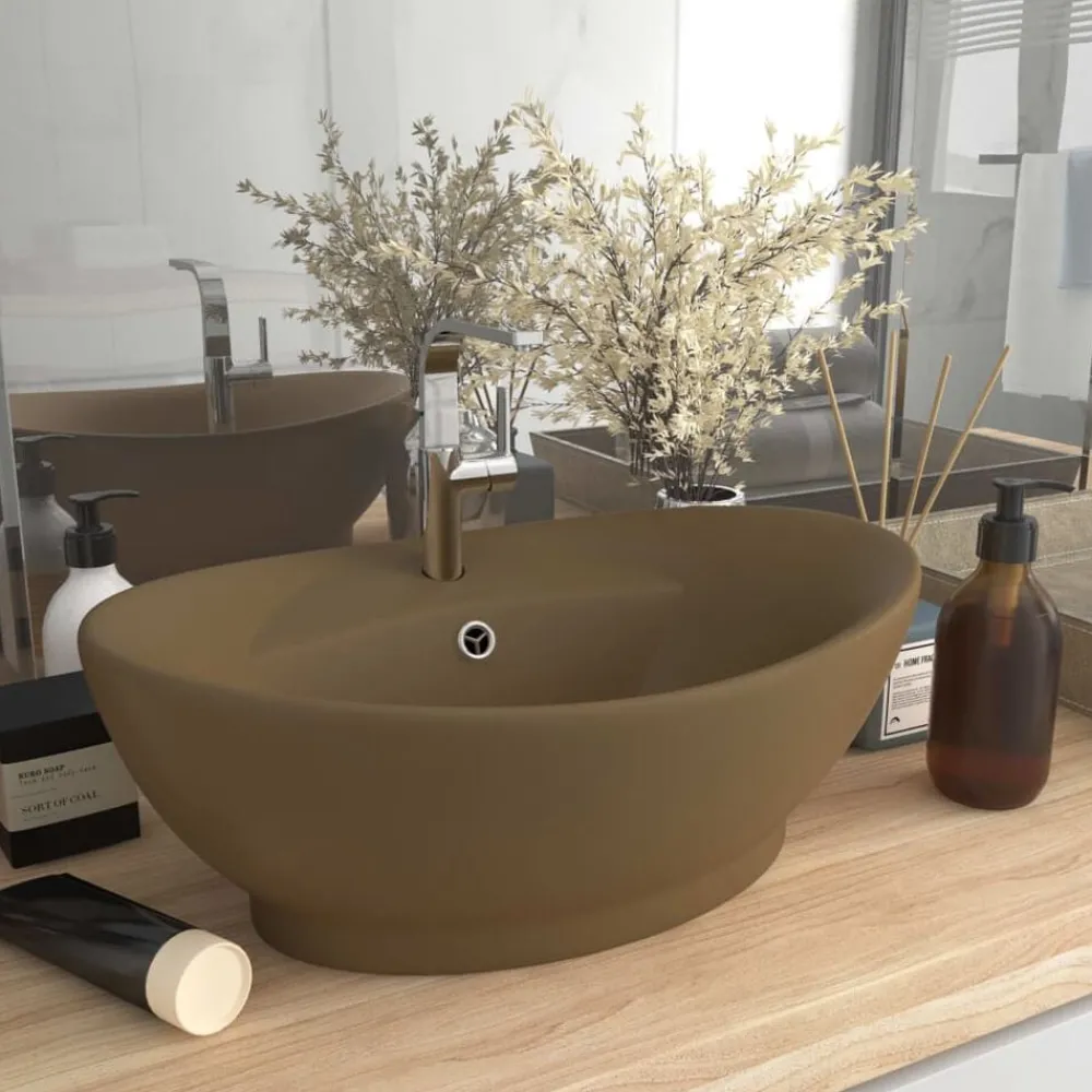 Plomberie-vidaXL Lavabo ovale de luxe à trop-plein Crème mat 58,5x39cm Céramique crème mat