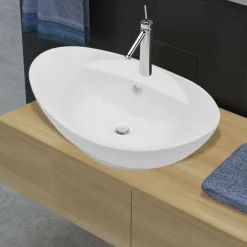 Plomberie-vidaXL Lavabo ovale en céramique avec trou de robinet Blanc
