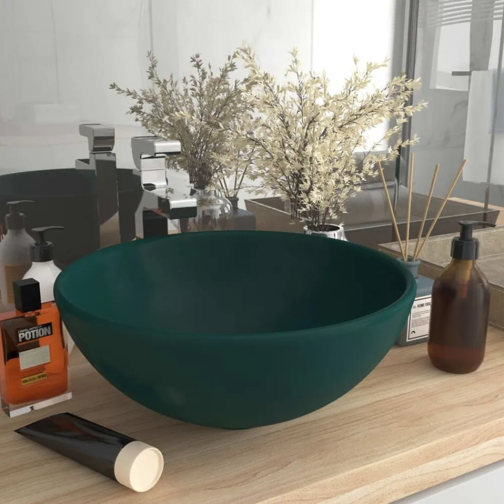 Plomberie-vidaXL Lavabo rond de salle de bain 32,5x14cm Céramique vert foncé mat
