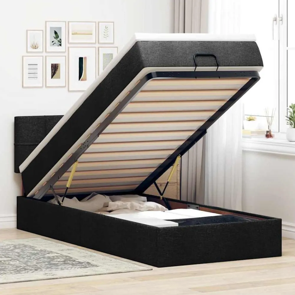 Lits & Accessoires-vidaXL Lit ottoman avec matelas et LED 80x200cm tissu Noir