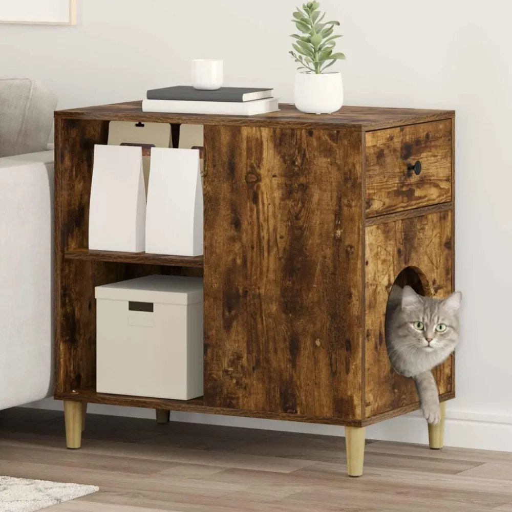 vidaXL Maison pour chat Chêne fumé 72 x 42.5 x 70 cm Bois d'ingénierie