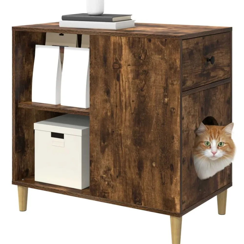 vidaXL Maison pour chat Chêne fumé 72 x 42.5 x 70 cm Bois d'ingénierie