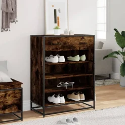 Produits Ménagers-vidaXL Meuble à chaussures chêne fumé bois d'ingénierie et métal Ch&ecirc;ne fumé