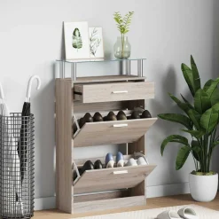 Produits Ménagers-vidaXL Meuble à chaussures avec tiroir et plateau en verre Bois Ch&ecirc;ne