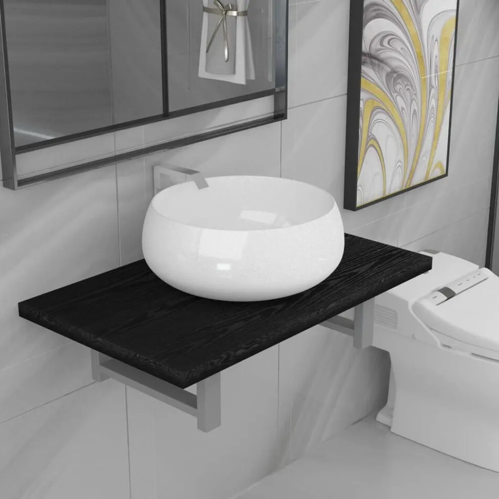 Ensembles De Meubles-vidaXL Meuble de salle de bain en deux pièces Céramique Noir