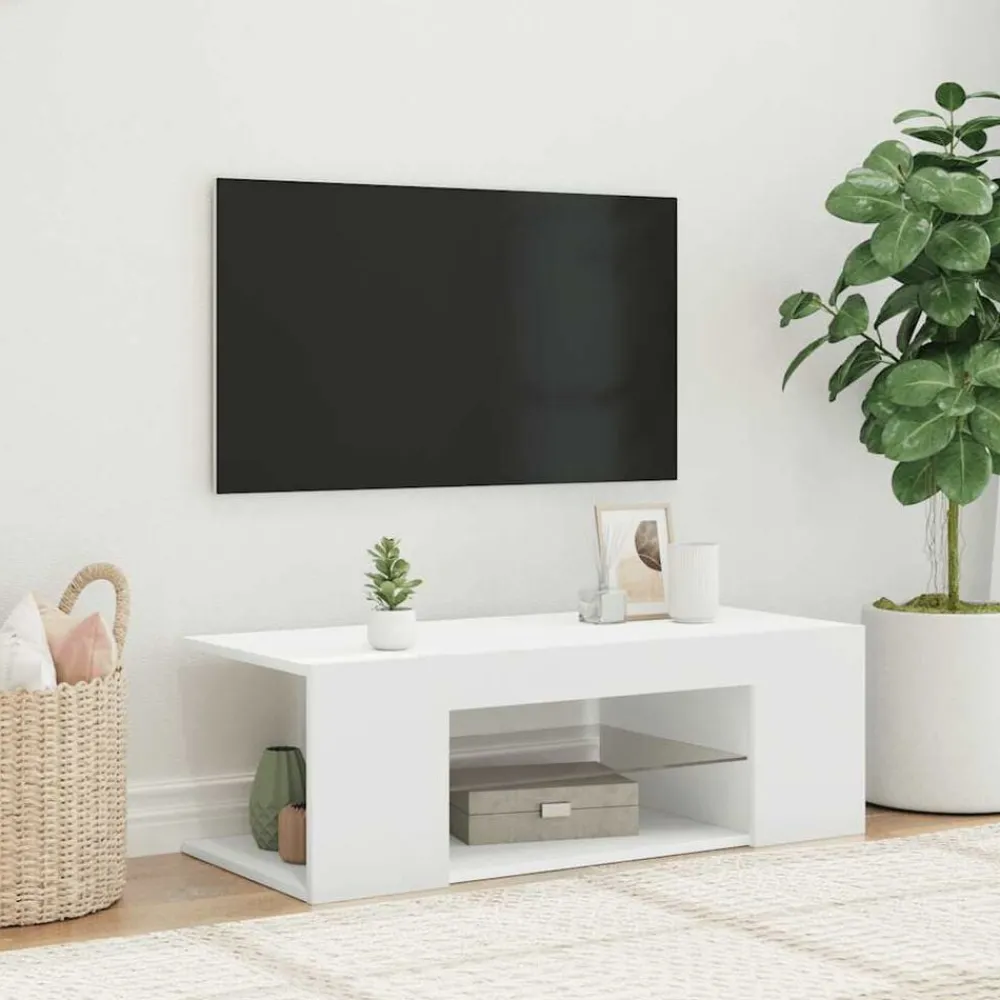 Meubles Tv-vidaXL Meuble TV avec lumières LED 90x39x30 cm Blanc