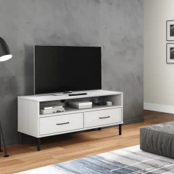 Meubles Tv-vidaXL Meuble TV avec pieds en métal Bois de pin massif OSLO Blanc