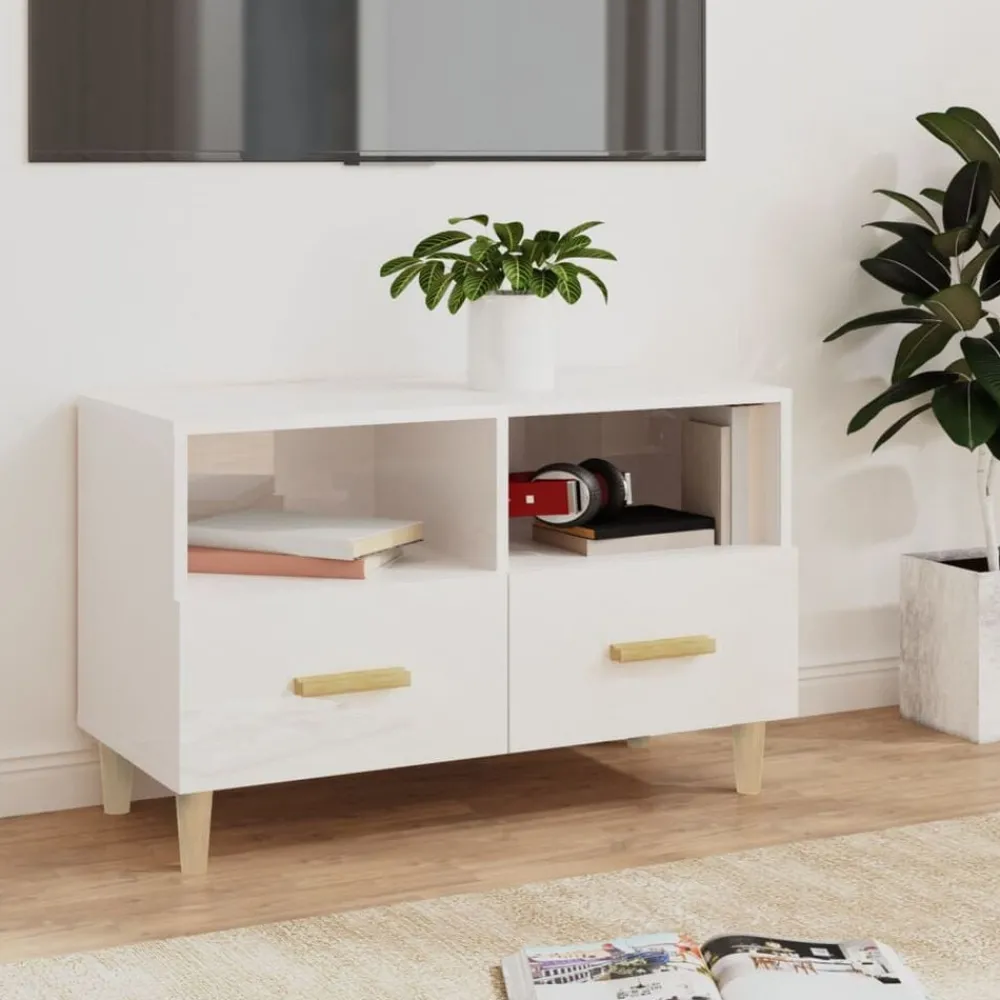 Meubles Tv-vidaXL Meuble TV 80x36x50 cm Bois d'ingénierie Blanc brillant