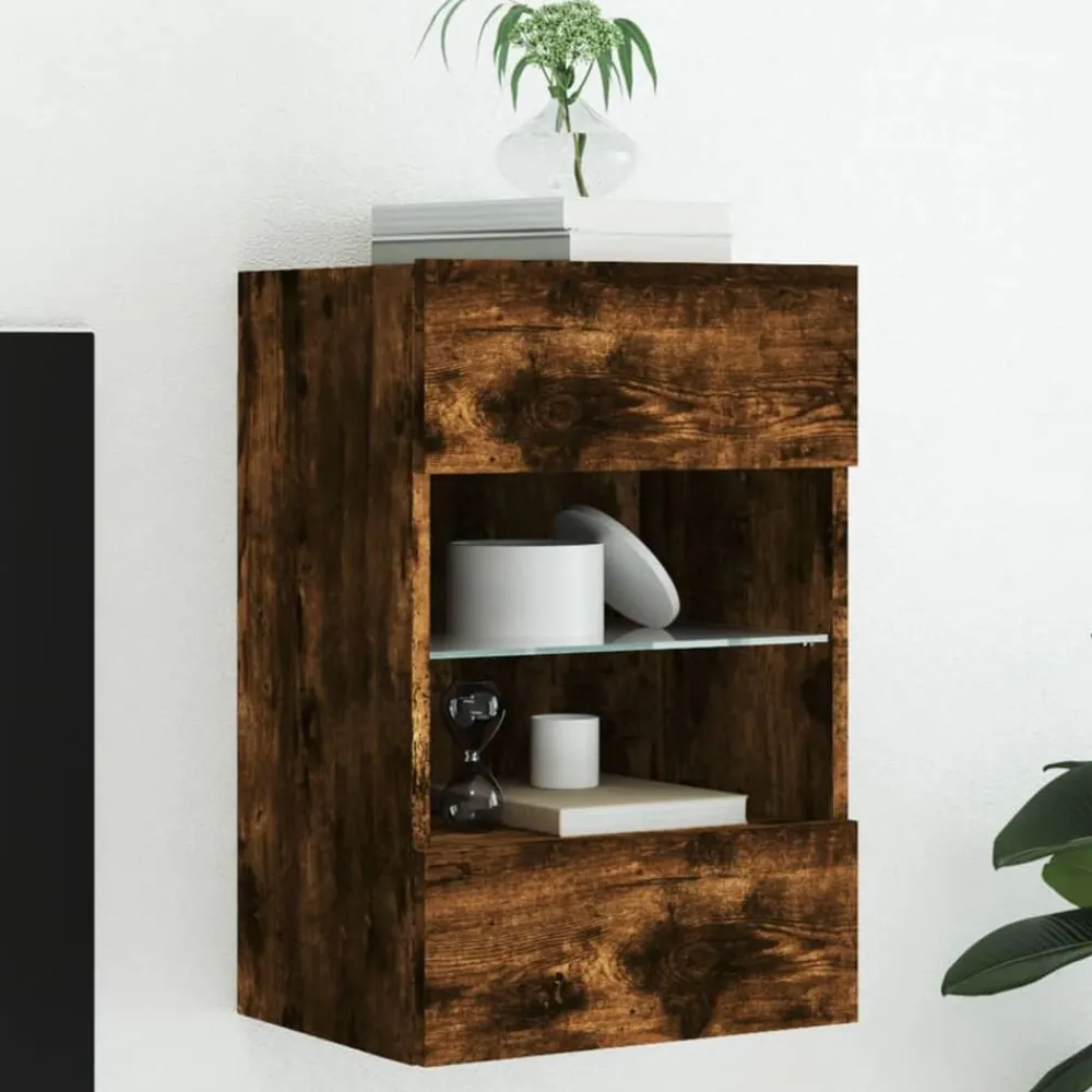 Meubles Tv-vidaXL Meuble TV mural avec lumières LED chêne fumé 40x30x60,5 cm Chêne fumé