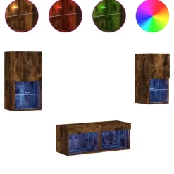 Meubles Tv-vidaXL Meuble TV muraux 4 pcs avec lumières LED chêne fumé Ch&ecirc;ne fumé