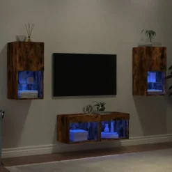 Meubles Tv-vidaXL Meuble TV muraux 4 pcs avec lumières LED chêne fumé Ch&ecirc;ne fumé