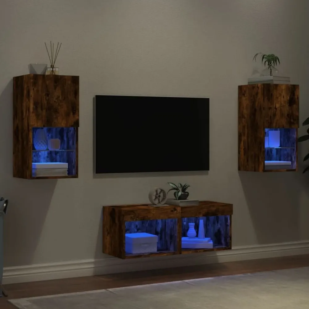 Meubles Tv-vidaXL Meuble TV muraux 4 pcs avec lumières LED chêne fumé Chêne fumé