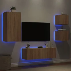 Meubles Tv-vidaXL Meuble TV muraux 4 pcs avec lumières LED chêne sonoma Ch&ecirc;ne sonoma