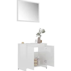 Ensembles De Meubles-vidaXL Meubles de salle de bain Bois d'ingénierie Blanc brillant