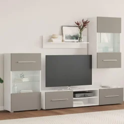 vidaXL Meubles TV avec lumière LED 5 pcs gris pierre bois d'ingénierie