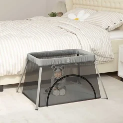 Jouets & Équipement D'Éveil Pour Bébés-vidaXL Parc pour bébé avec matelas Tissu de lin Gris clair