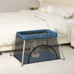 Jouets & Équipement D'Éveil Pour Bébés-vidaXL Parc pour bébé avec matelas marine Tissu de lin Bleu