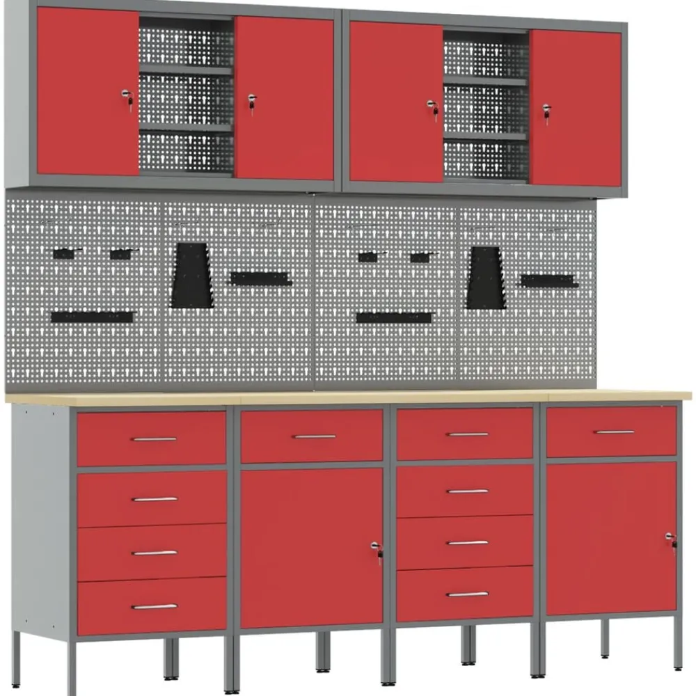 Accessoires De Quincaillerie-vidaXL Placard de travail 10 pcs Bois d'ingénierie et acier Rouge