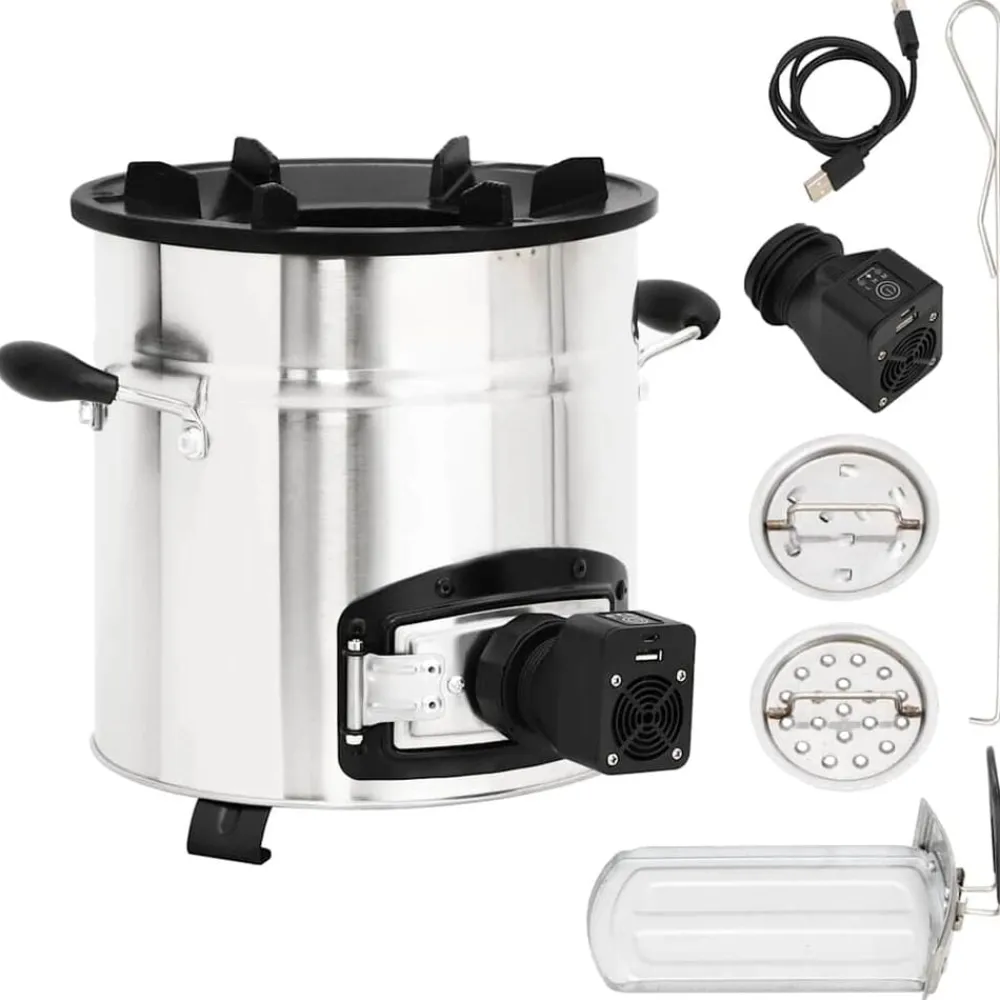 Cheminées-vidaXL Poêle à bois avec ventilateur USB Argenté 35,5x26x28 cm Inox