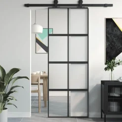 Matériaux De Construction-vidaXL Porte coulissante 76x205 cm verre trempé aluminium Noir