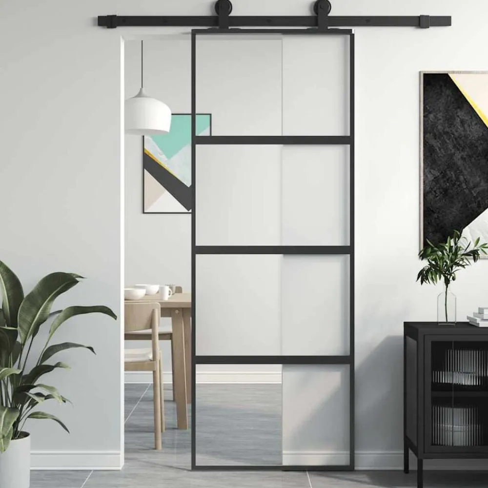 Matériaux De Construction-vidaXL Porte coulissante 76x205 cm verre trempé aluminium Noir
