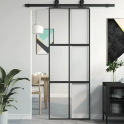 Matériaux De Construction-vidaXL Porte coulissante noir 76x205 cm verre trempé aluminium Noir & transparent & mat