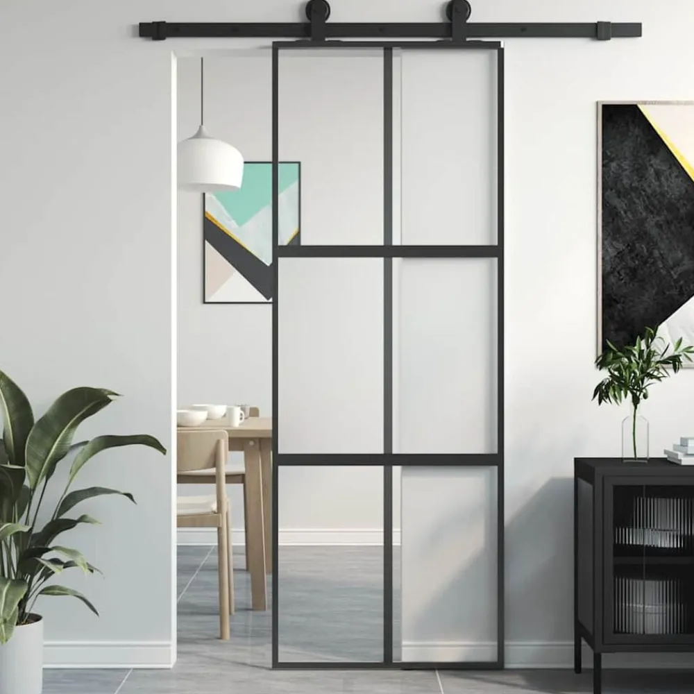 Matériaux De Construction-vidaXL Porte coulissante noir 76x205 cm verre trempé aluminium Noir & transparent & mat