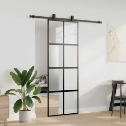 Matériaux De Construction-vidaXL Porte coulissante kit quincaillerie noir 76x205 cm verre trempé black, matt and transparent