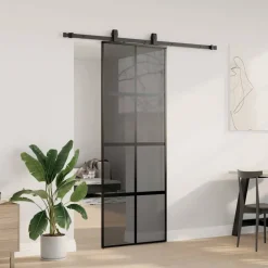 Matériaux De Construction-vidaXL Porte coulissante kit quincaillerie noir 76x205 cm verre trempé Noir et transparent foncé