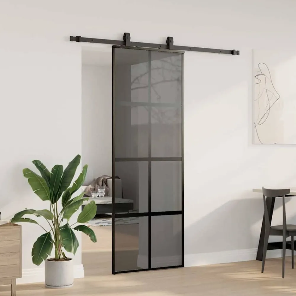 Matériaux De Construction-vidaXL Porte coulissante kit quincaillerie noir 76x205 cm verre trempé Noir et transparent foncé