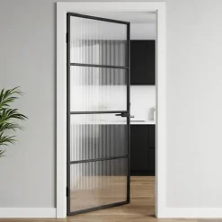 Matériaux De Construction-vidaXL Porte de maison 76 x 201,5 x 3,5 cm Aluminium et Verre Trempé Noir et strié