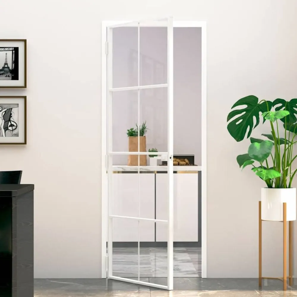 Matériaux De Construction-vidaXL Porte d'intérieur Blanc 76x201,5 cm Trempé verre aluminium fin Blanc et transparent