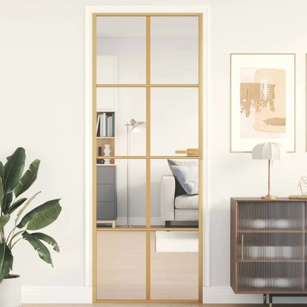 Matériaux De Construction-vidaXL Porte intérieure mince doré 76x201,5 cm verre trempé aluminium Doré et transparent