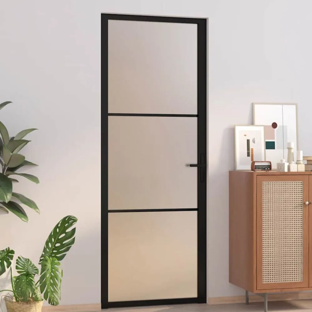 Matériaux De Construction-vidaXL Porte intérieure 76x201,5 cm Noir Verre mat et aluminium Noir et givre