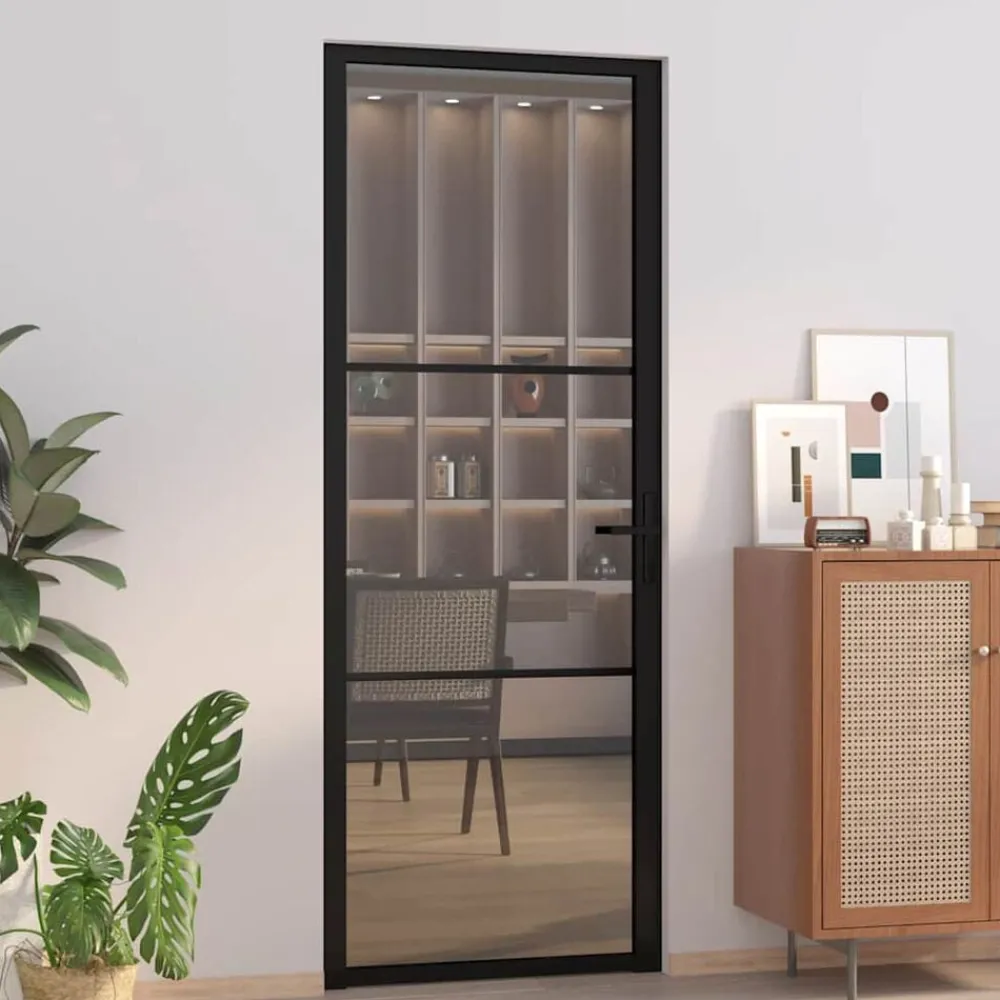 Matériaux De Construction-vidaXL Porte intérieure 76x201,5 cm Noir Verre ESG et aluminium Noir et transparent foncé