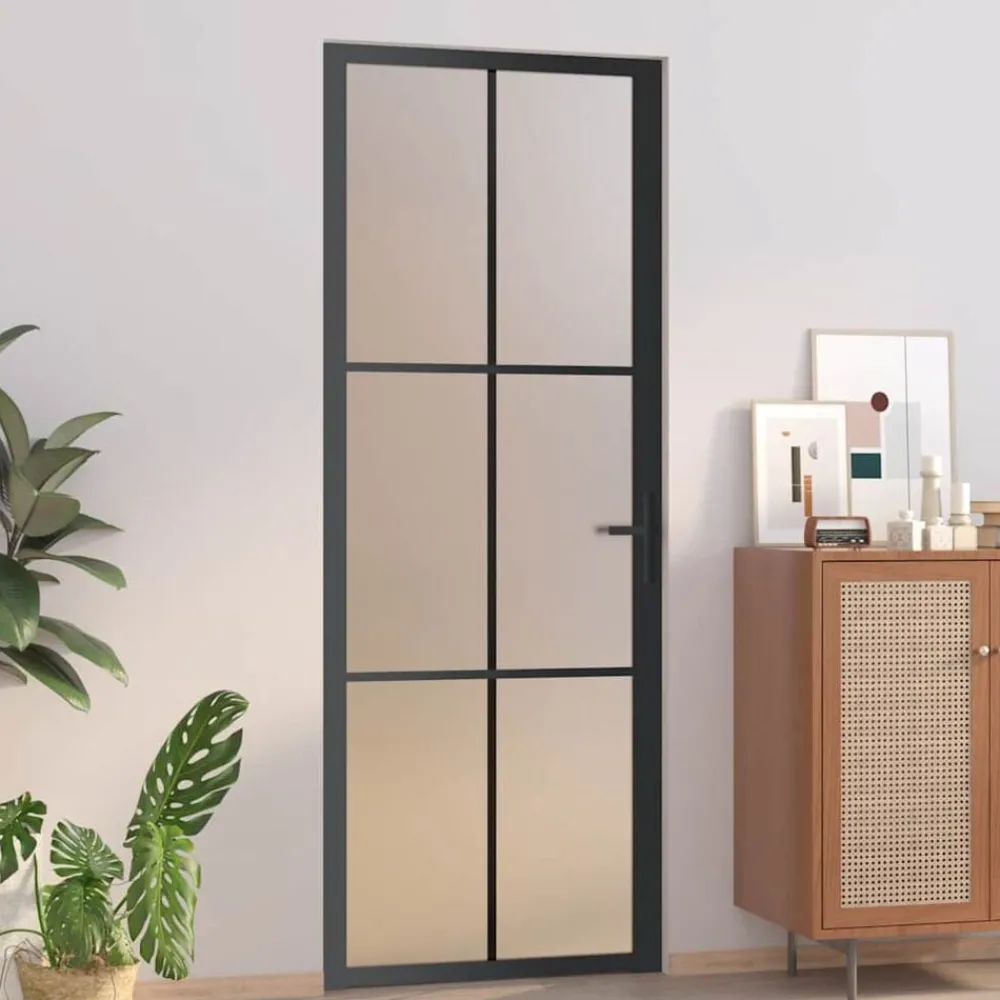 Matériaux De Construction-vidaXL Porte intérieure 76x201,5 cm Noir Verre mat et aluminium Noir et givre