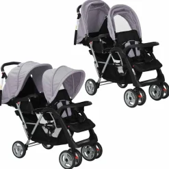 Transport De Bébés-vidaXL Poussette à deux places acier et noir Gris