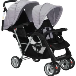 Transport De Bébés-vidaXL Poussette à deux places acier et noir Gris