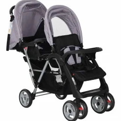 Transport De Bébés-vidaXL Poussette à deux places acier et noir Gris