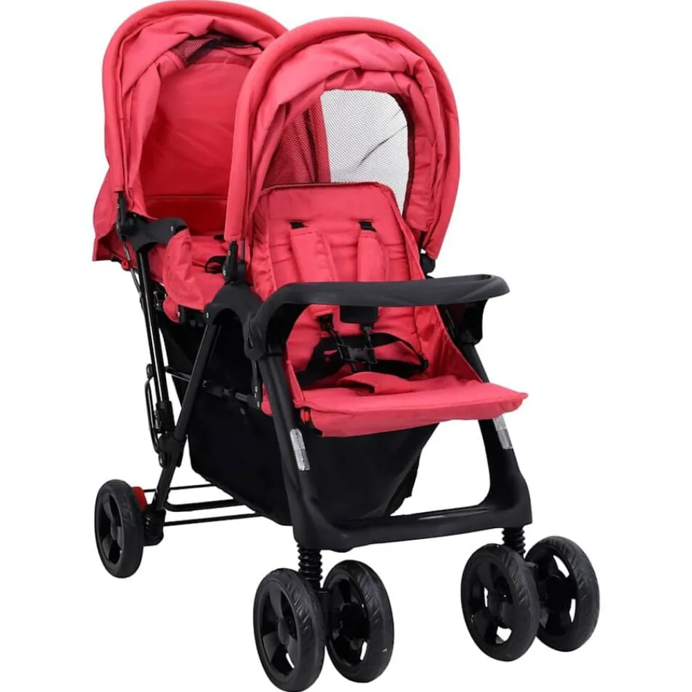 Transport De Bébés-vidaXL Poussette à deux places Acier Rouge