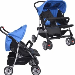 Transport De Bébés-vidaXL Poussette à deux places Acier et noir Bleu