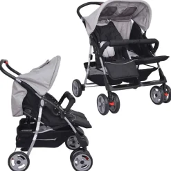Transport De Bébés-vidaXL Poussette à deux places Acier et noir Gris